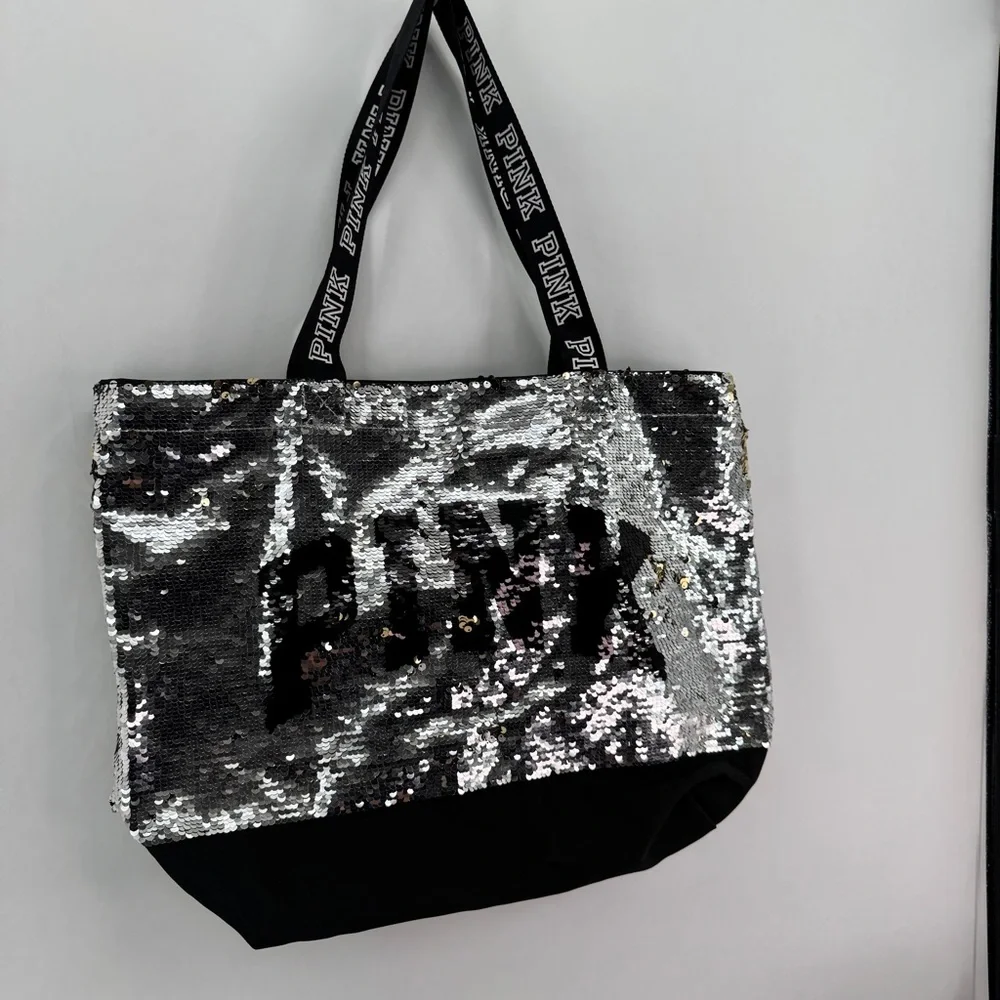 NWOT PINK By Victoria Secret Sequin Tote Bag Silver‎ Black Spellout straps - Picture 3 of 15
